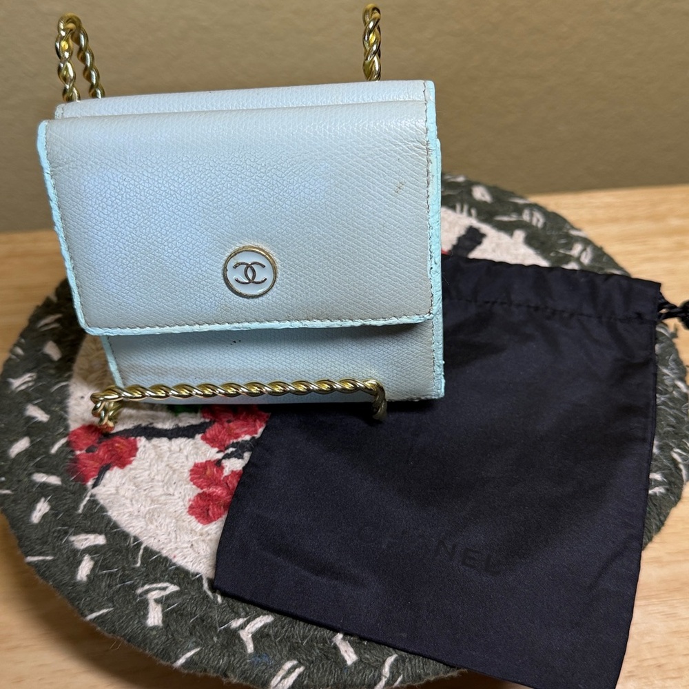 CHANEL Light Blue Wallet with Gold Chain